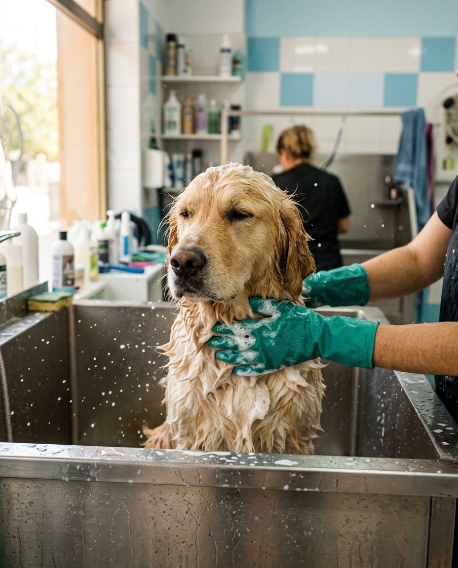 Perro dorado recibiendo un baño con espuma en la bañera de la peluquería