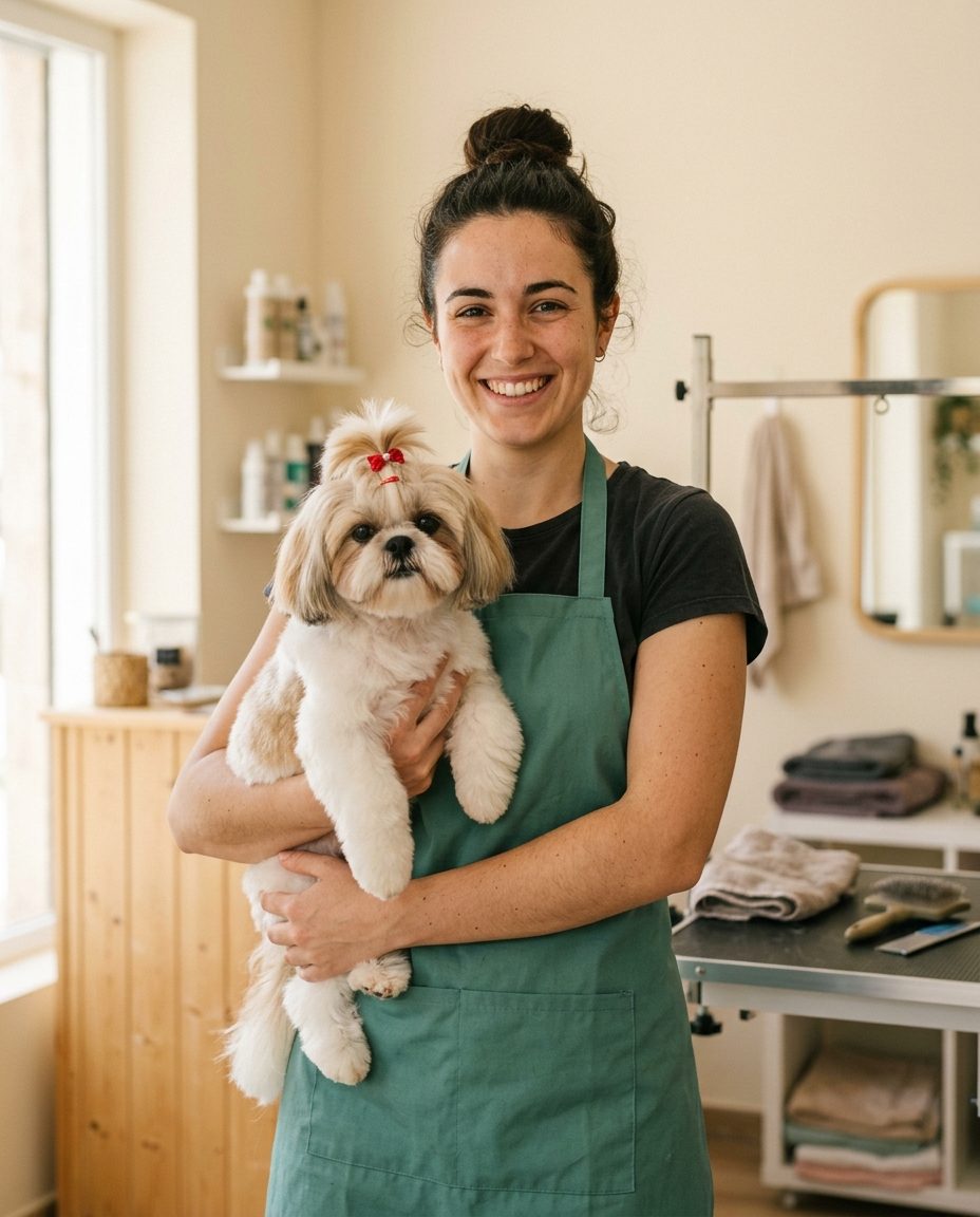 Peluquera sonriente con un shih tzu recién arreglado en brazos