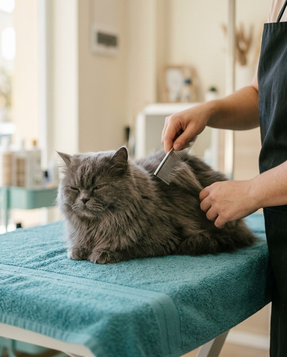 Gato gris de pelo largo relajado mientras le peinan con un peine metálico