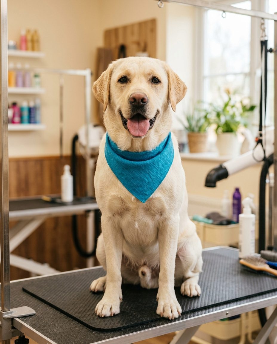 Labrador recién arreglado y feliz en la peluquería canina de Parla